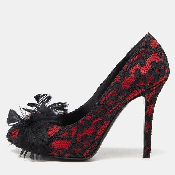 D&g Red/black Feather And Crystal Embellished Lace And Satin Pumps Size 37.5